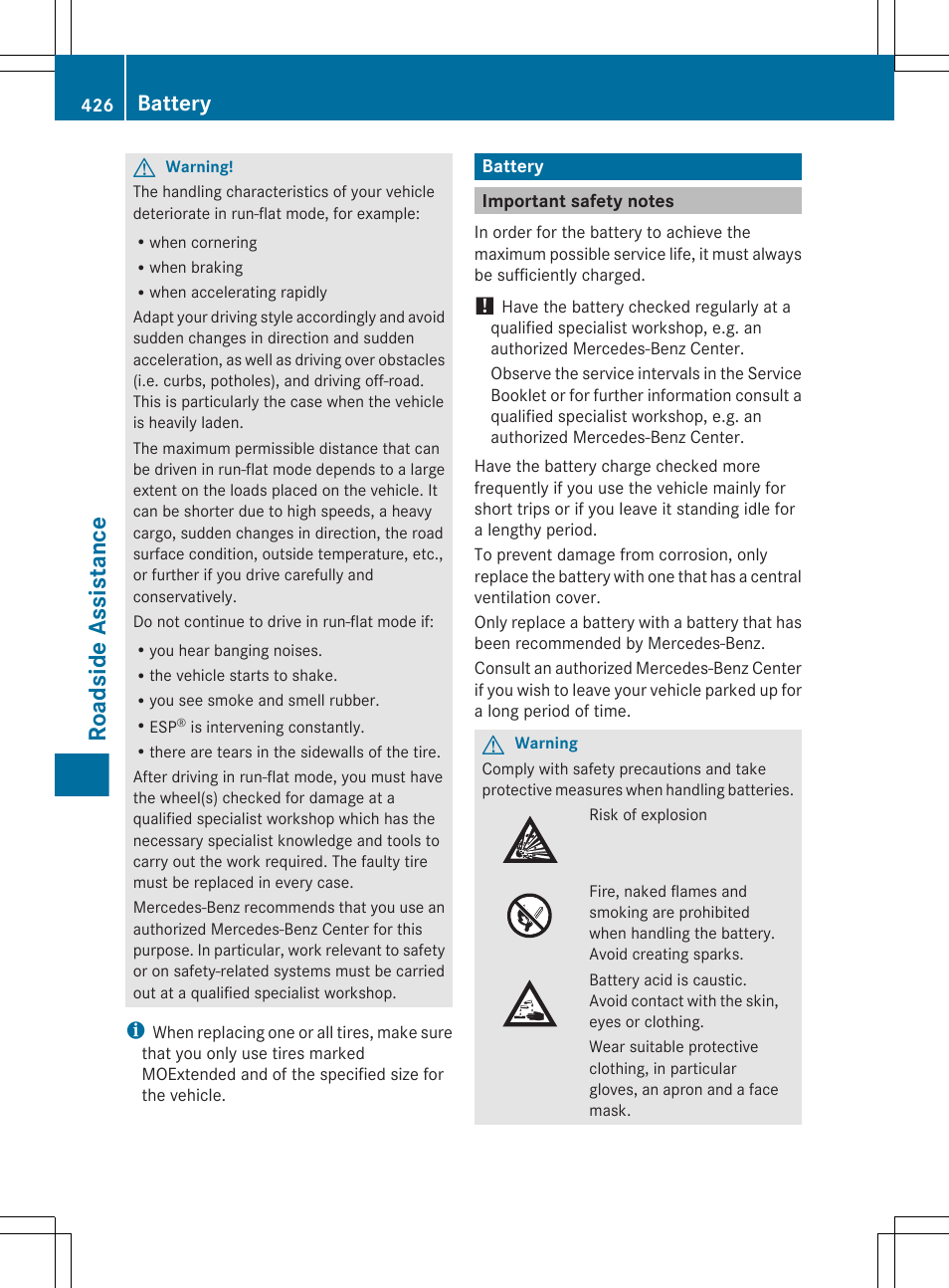 Battery, Important safety notes, Roadside assistance | Mercedes-Benz CL-Class 2011 User Manual | Page 428 / 480