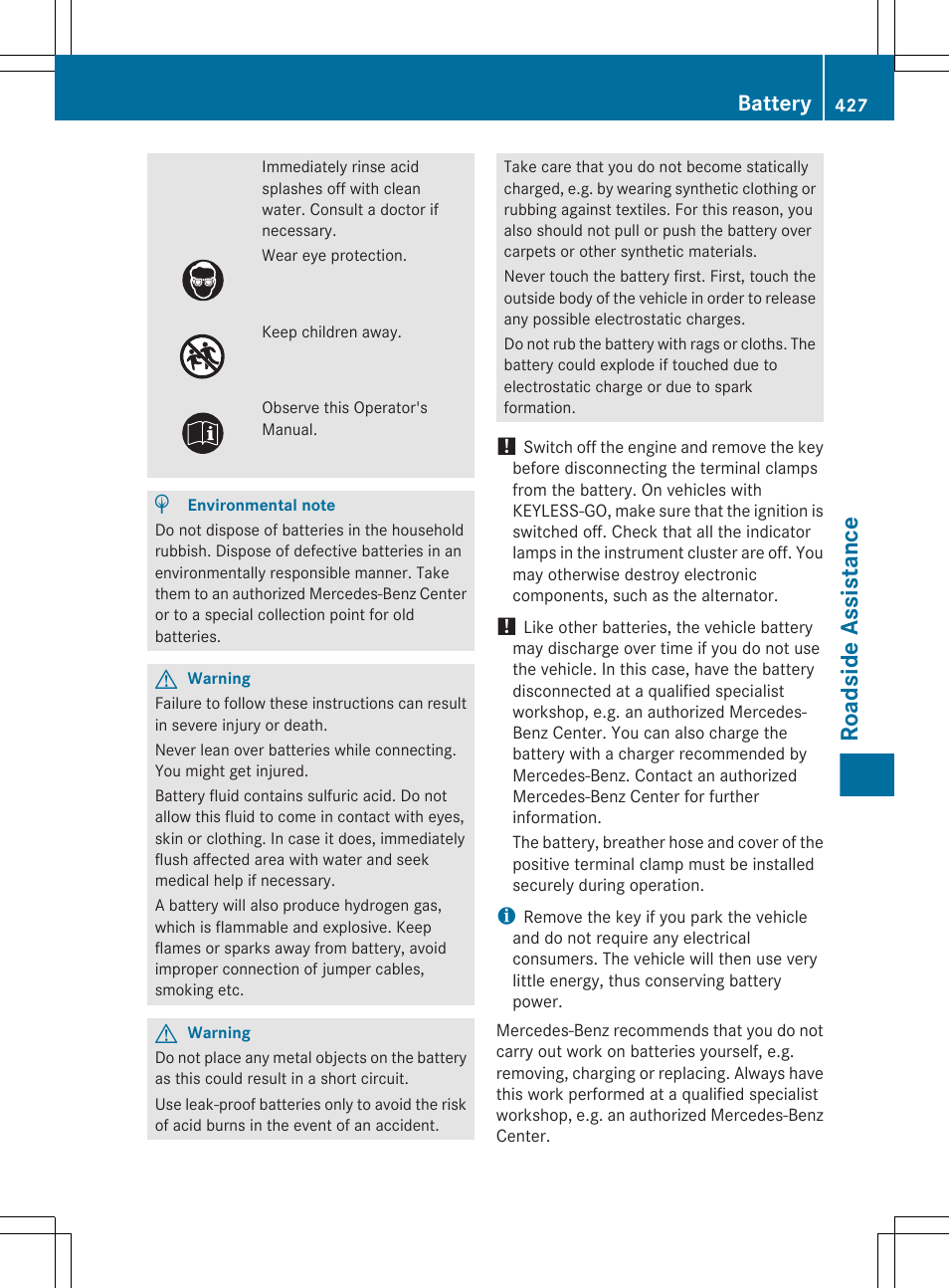 Roadside assistance, Battery | Mercedes-Benz CL-Class 2011 User Manual | Page 429 / 480