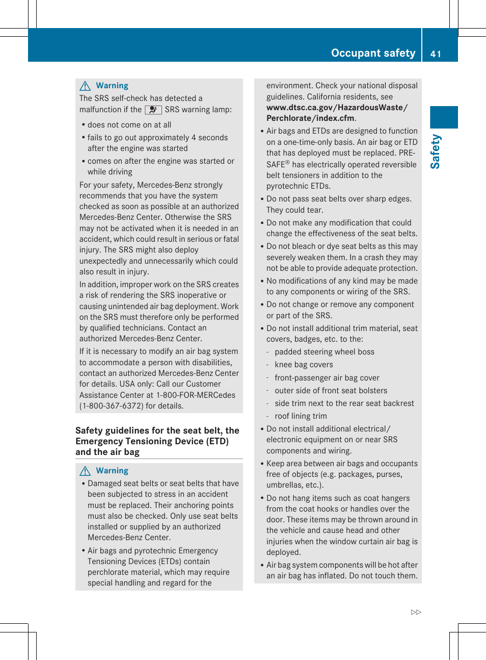 Safety, Occupant safety | Mercedes-Benz CL-Class 2011 User Manual | Page 43 / 480