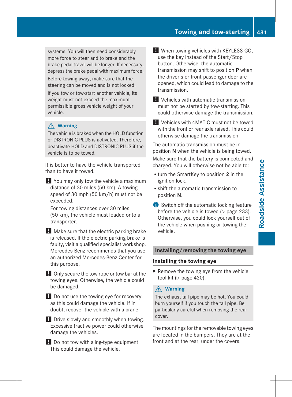 Installing/removing the towing eye, Roadside assistance, Towing and tow-starting | Mercedes-Benz CL-Class 2011 User Manual | Page 433 / 480