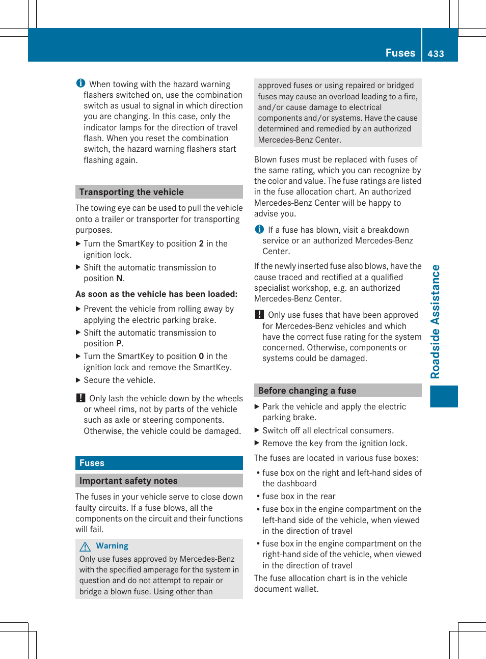 Transporting the vehicle, Fuses, Important safety notes | Before changing a fuse, Roadside assistance | Mercedes-Benz CL-Class 2011 User Manual | Page 435 / 480