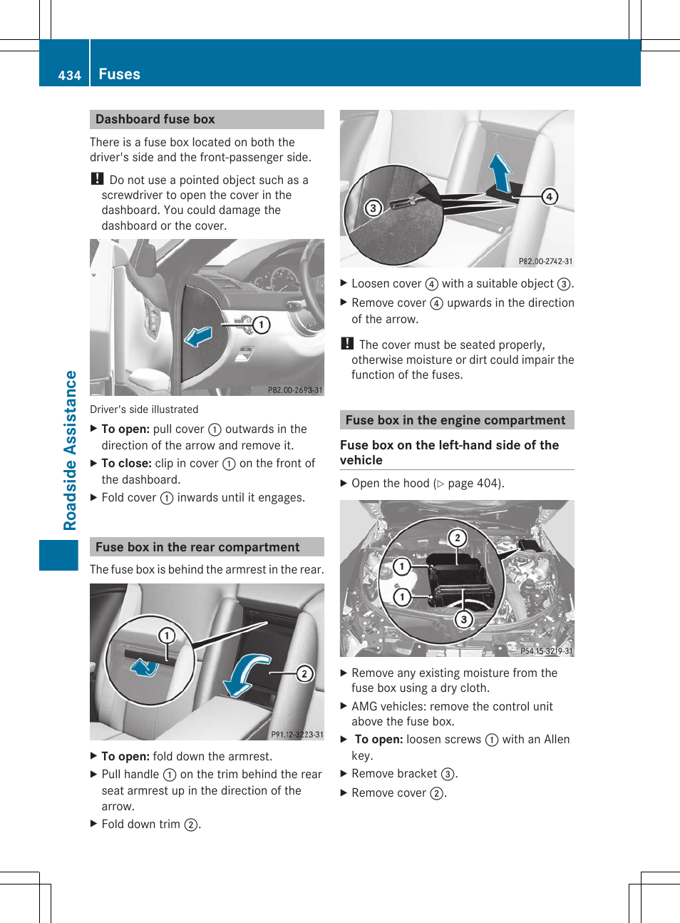 Dashboard fuse box, Fuse box in the rear compartment, Fuse box in the engine compartment | Roadside assistance, Fuses | Mercedes-Benz CL-Class 2011 User Manual | Page 436 / 480