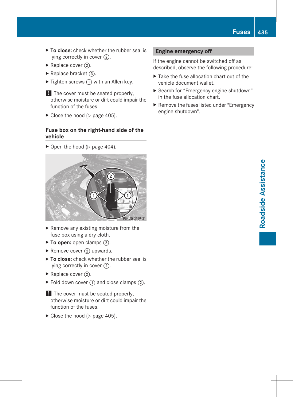 Engine emergency off, Shutdown, Roadside assistance | Fuses | Mercedes-Benz CL-Class 2011 User Manual | Page 437 / 480