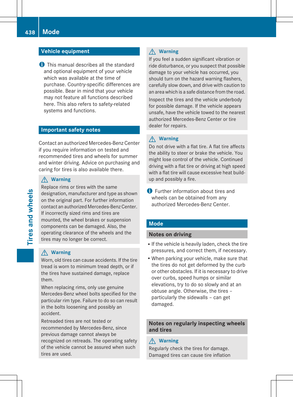 Tires and wheels, Vehicle equipment, Important safety notes | Mode, Notes on driving, Notes on regularly inspecting wheels and tires | Mercedes-Benz CL-Class 2011 User Manual | Page 440 / 480