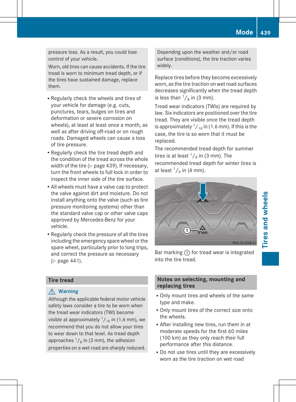 Tire tread, Notes on selecting, mounting and replacing tires, Tires and wheels | Mode | Mercedes-Benz CL-Class 2011 User Manual | Page 441 / 480