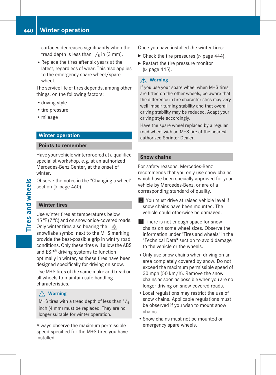 Winter operation, Points to remember, Winter tires | Snow chains, Snow chains, see, Tires and wheels | Mercedes-Benz CL-Class 2011 User Manual | Page 442 / 480