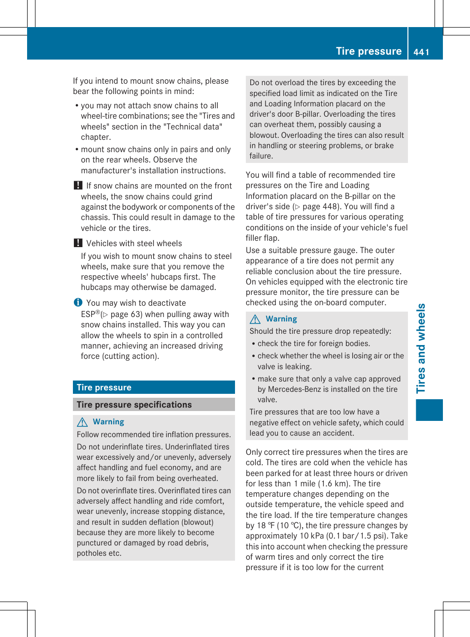 Tire pressure, Tire pressure specifications, Tires and wheels | Mercedes-Benz CL-Class 2011 User Manual | Page 443 / 480