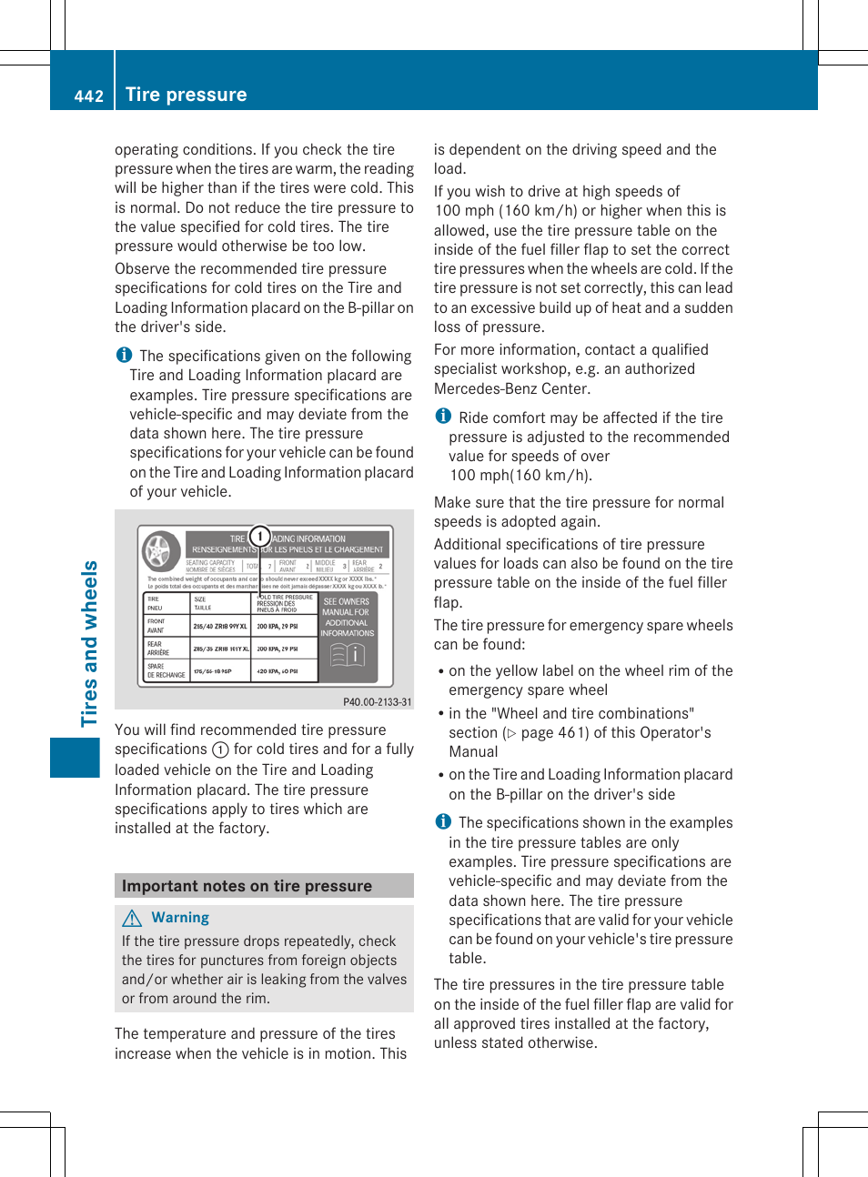 Important notes on tire pressure, Tires and wheels, Tire pressure | Mercedes-Benz CL-Class 2011 User Manual | Page 444 / 480