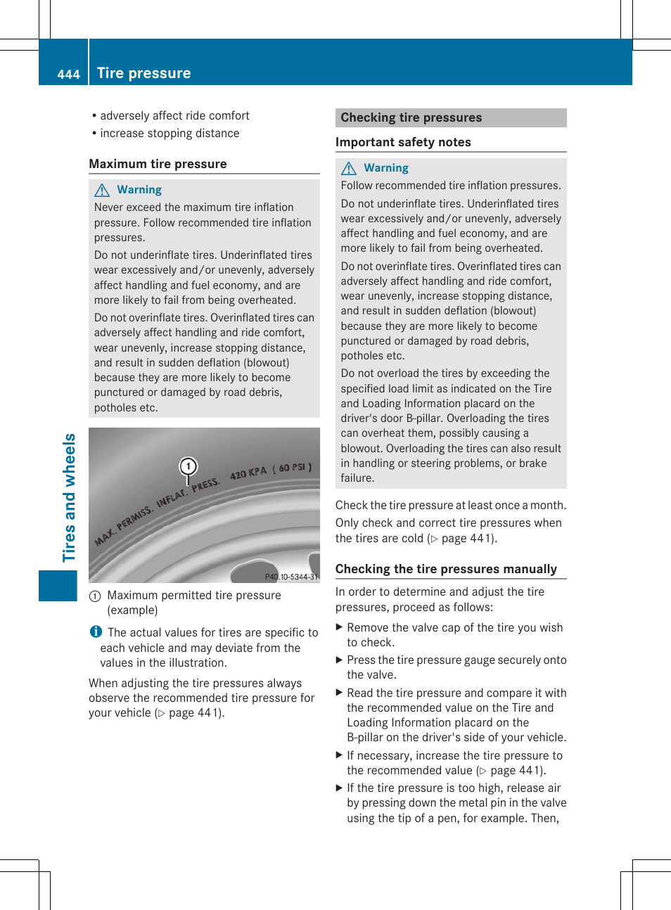 Checking tire pressures, Check the tire pressures, Tires and wheels | Tire pressure | Mercedes-Benz CL-Class 2011 User Manual | Page 446 / 480