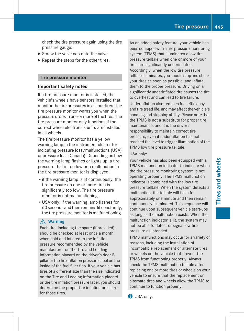 Tire pressure monitor, Checks the tire pressure electronically, Correct the tire pressure | Tires and wheels, Tire pressure | Mercedes-Benz CL-Class 2011 User Manual | Page 447 / 480