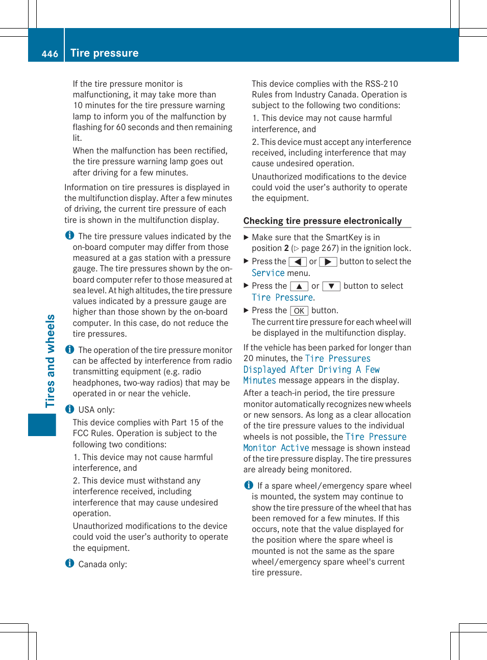 Tires and wheels, Tire pressure | Mercedes-Benz CL-Class 2011 User Manual | Page 448 / 480