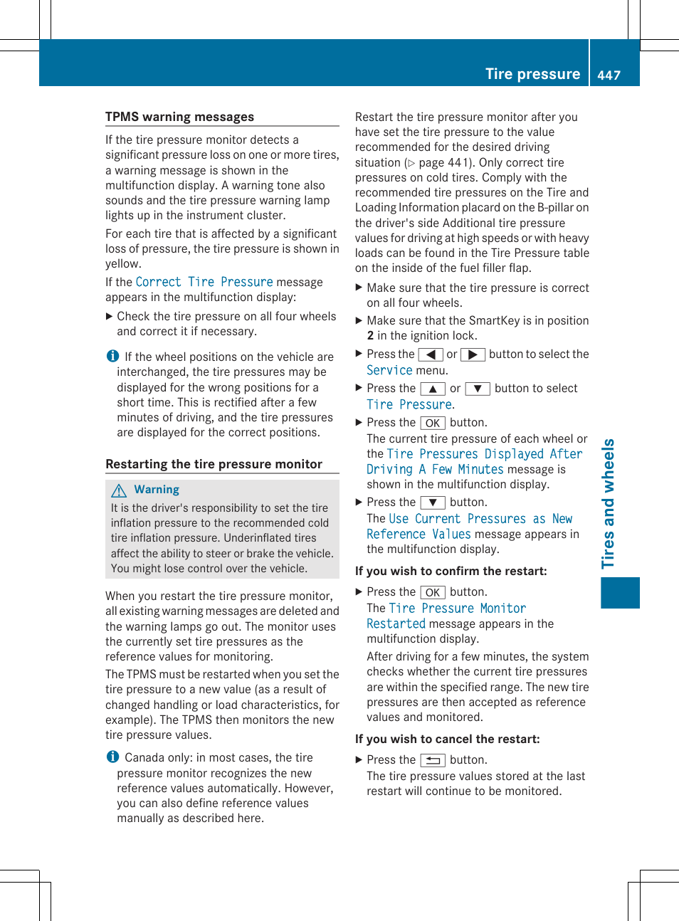 Restart the tire pressure monitor, Tires and wheels, Tire pressure | Mercedes-Benz CL-Class 2011 User Manual | Page 449 / 480