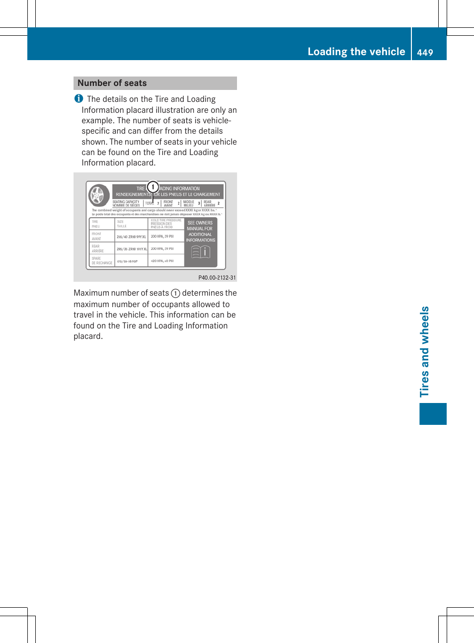 Number of seats, Tires and wheels, Loading the vehicle | Mercedes-Benz CL-Class 2011 User Manual | Page 451 / 480