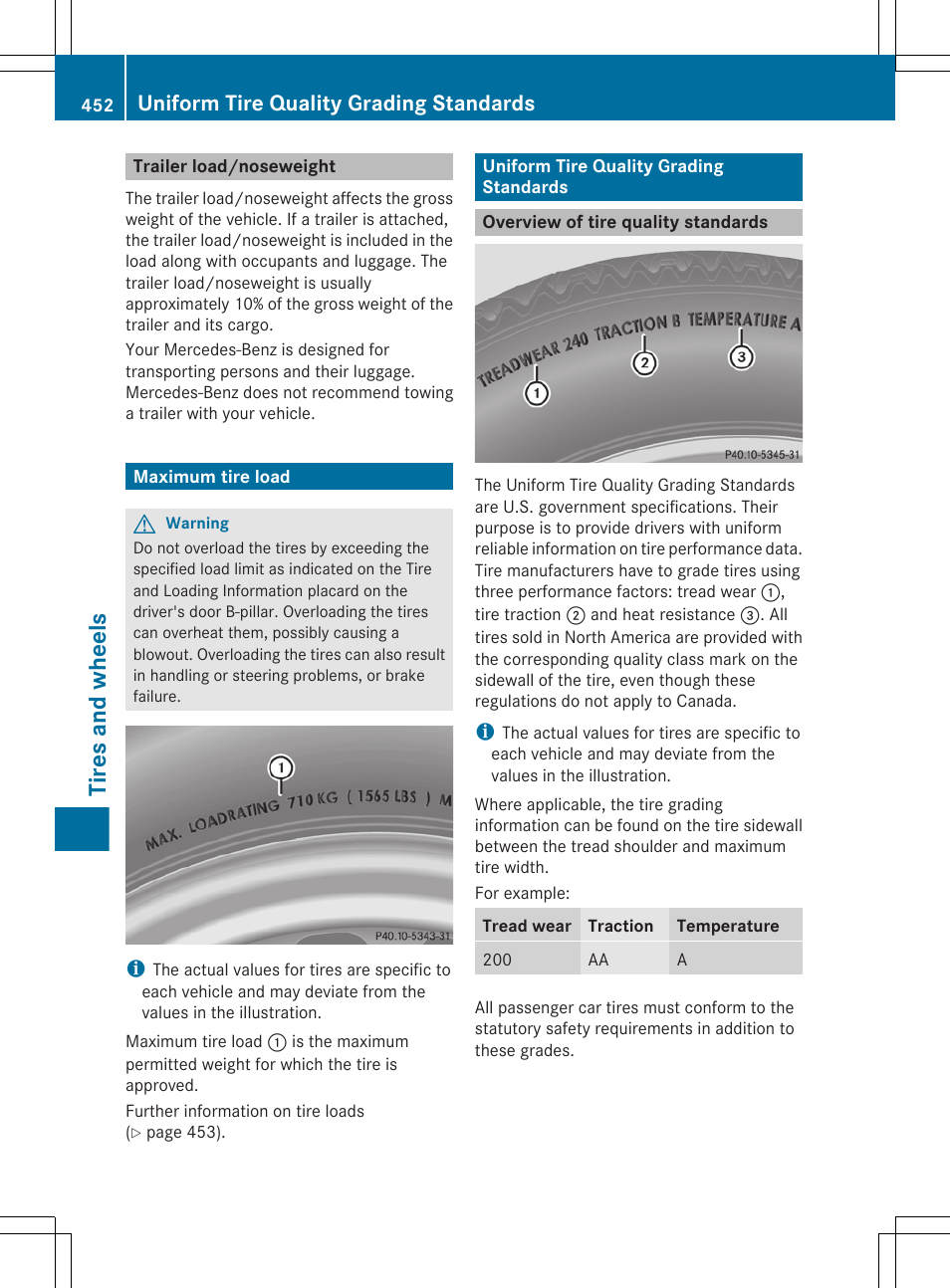 Trailer load/noseweight, Maximum tire load, Uniform tire quality grading standards | Overview of tire quality standards, Tires and wheels | Mercedes-Benz CL-Class 2011 User Manual | Page 454 / 480