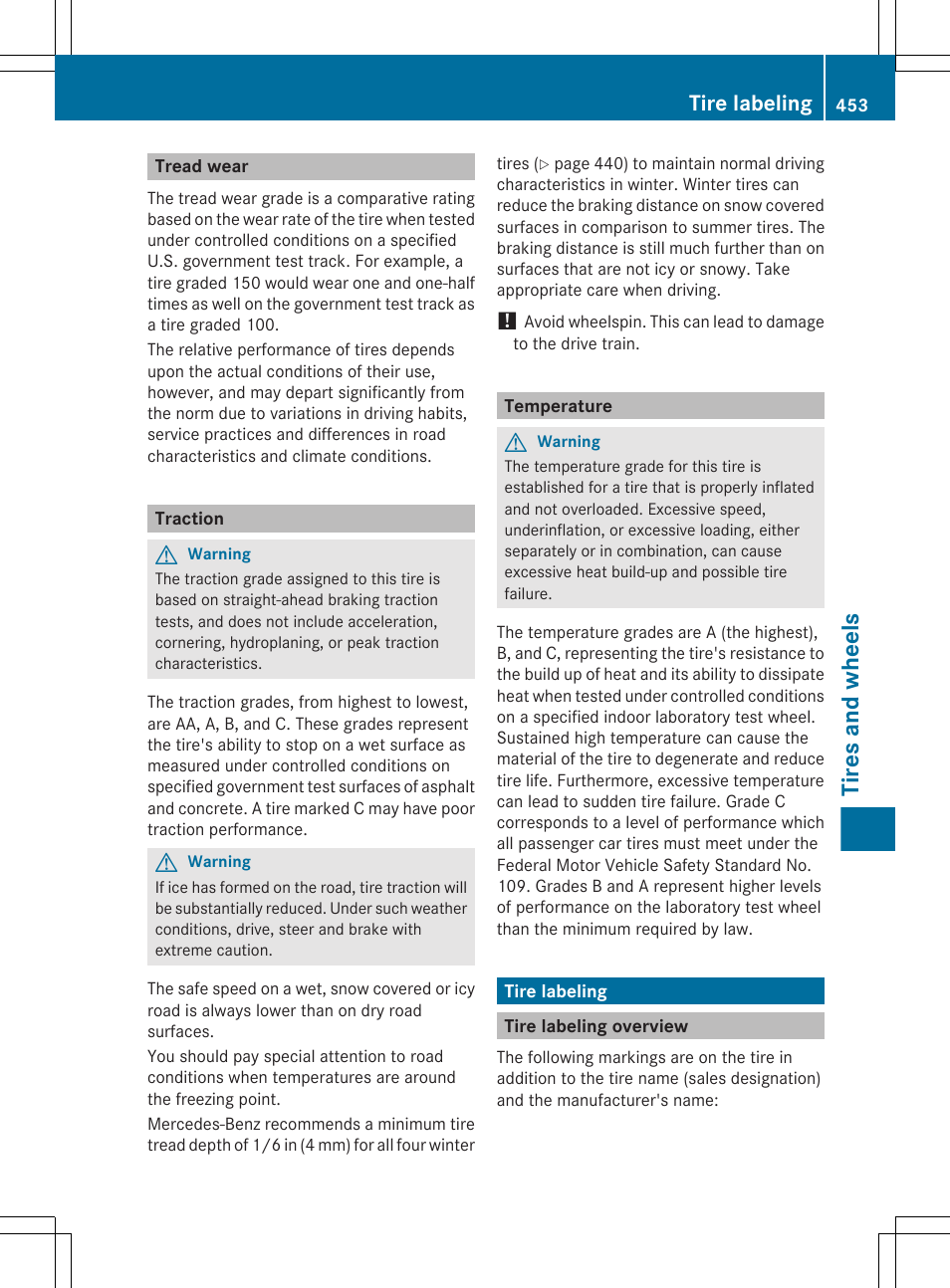 Tread wear, Traction, Temperature | Tire labeling, Tire labeling overview, Tires and wheels | Mercedes-Benz CL-Class 2011 User Manual | Page 455 / 480