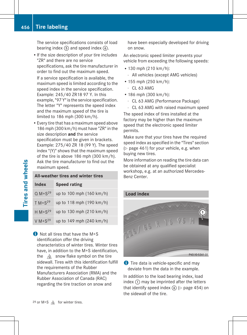 Load index, Tires and wheels, Tire labeling | Mercedes-Benz CL-Class 2011 User Manual | Page 458 / 480