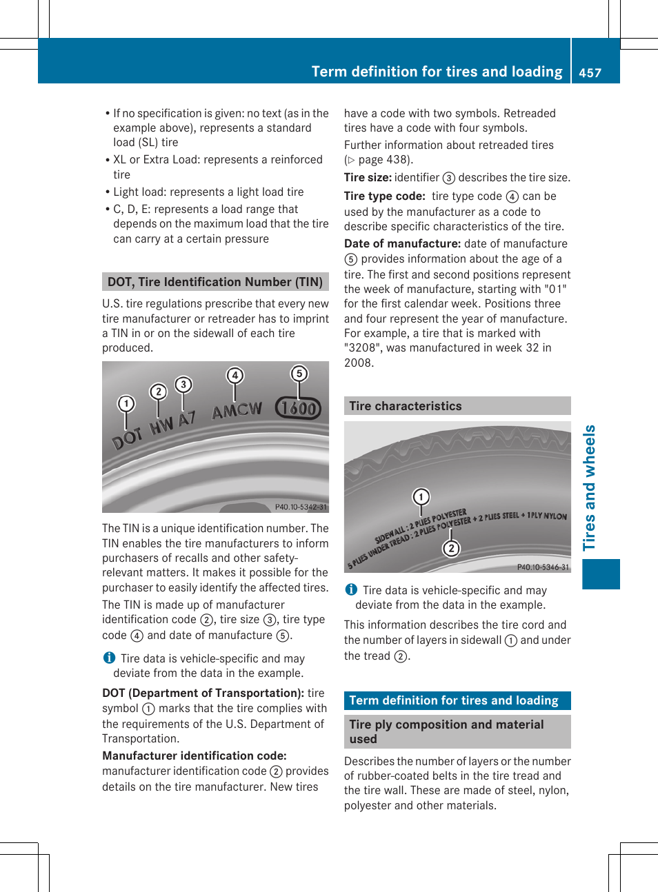 Dot, tire identification number (tin), Tire characteristics, Term definition for tires and loading | Tire ply composition and material used, Tires and wheels | Mercedes-Benz CL-Class 2011 User Manual | Page 459 / 480