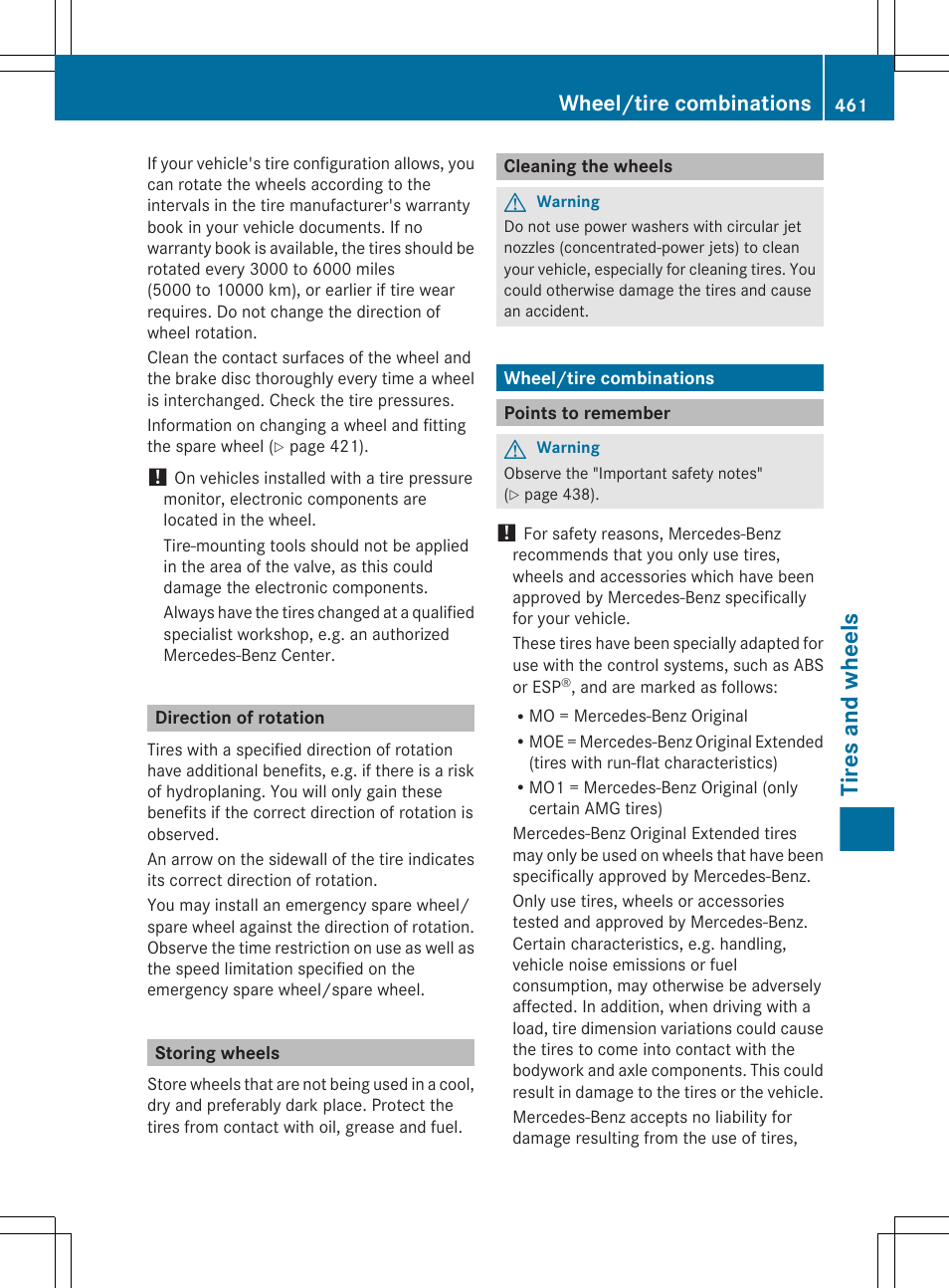 Direction of rotation, Storing wheels, Cleaning the wheels | Wheel/tire combinations, Points to remember, Tires and wheels | Mercedes-Benz CL-Class 2011 User Manual | Page 463 / 480