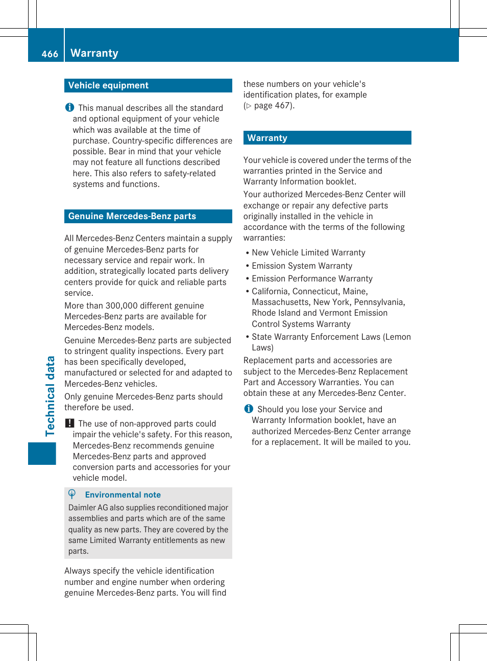 Technical data, Vehicle equipment, Genuine mercedes-benz parts | Warranty | Mercedes-Benz CL-Class 2011 User Manual | Page 468 / 480