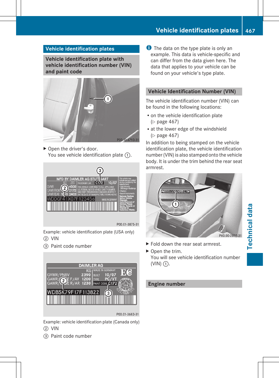 Vehicle identification plates, Vehicle identification number (vin), Engine number | Technical data | Mercedes-Benz CL-Class 2011 User Manual | Page 469 / 480