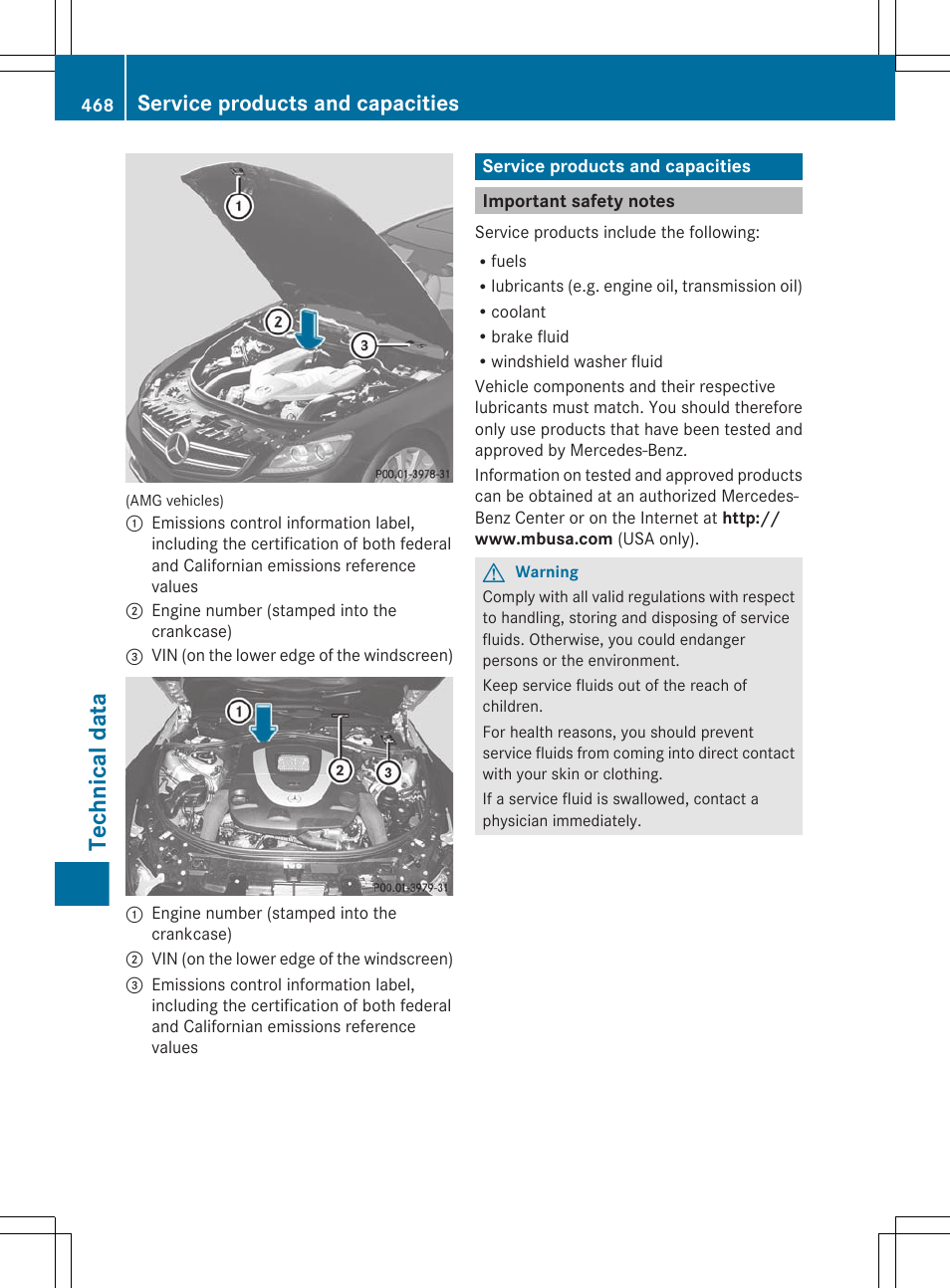 Service products and capacities, Important safety notes, Technical data | Mercedes-Benz CL-Class 2011 User Manual | Page 470 / 480