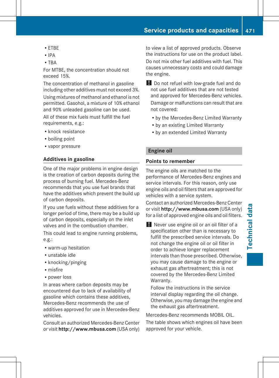 Engine oil, Technical data, Service products and capacities | Mercedes-Benz CL-Class 2011 User Manual | Page 473 / 480