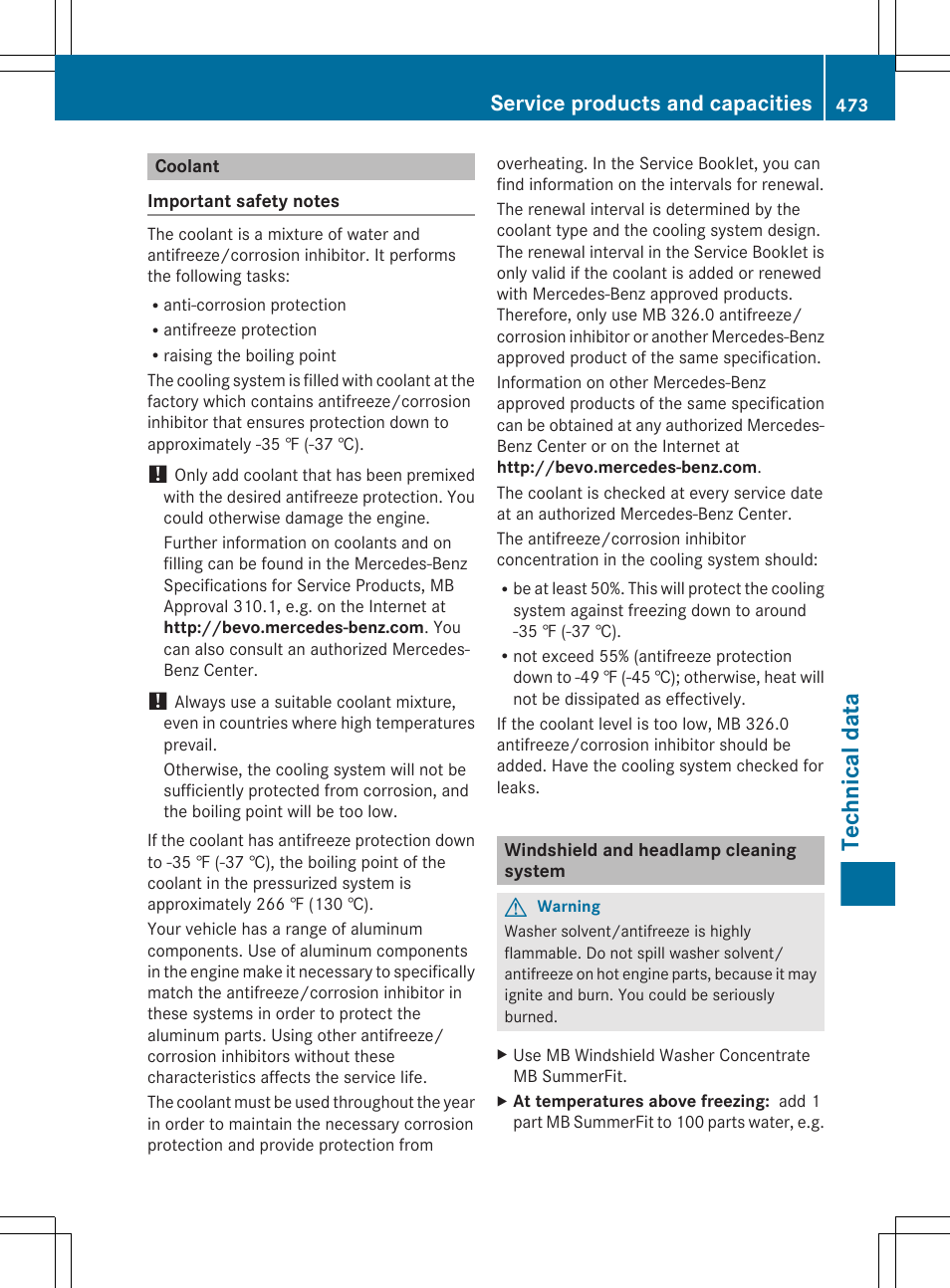 Coolant, Windshield and headlamp cleaning system, Technical data | Service products and capacities | Mercedes-Benz CL-Class 2011 User Manual | Page 475 / 480