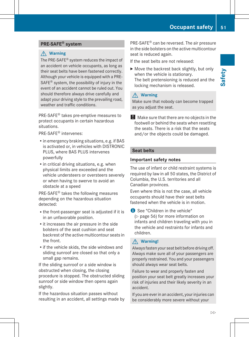 Pre-safe® system, Seat belts, Safety | Occupant safety | Mercedes-Benz CL-Class 2011 User Manual | Page 53 / 480