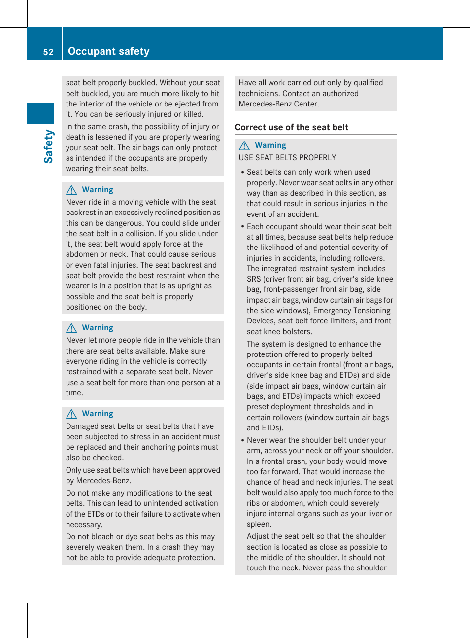 Safety, Occupant safety | Mercedes-Benz CL-Class 2011 User Manual | Page 54 / 480