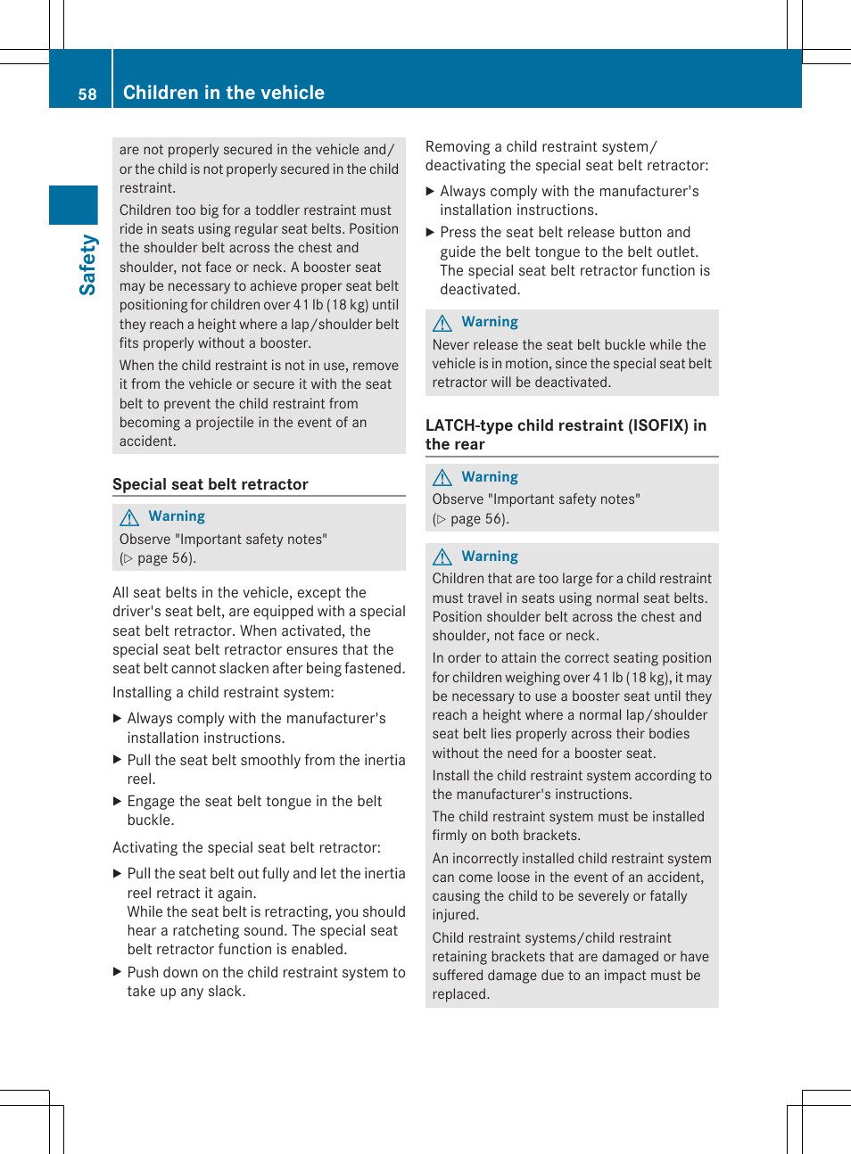 Safety, Children in the vehicle | Mercedes-Benz CL-Class 2011 User Manual | Page 60 / 480