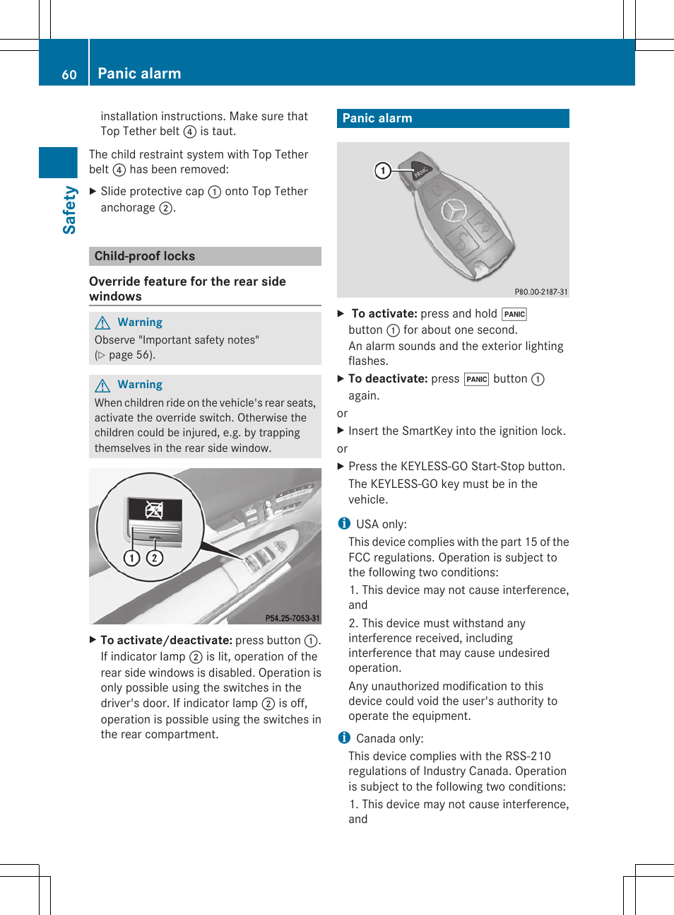 Child-proof locks, Panic alarm, Safety | Mercedes-Benz CL-Class 2011 User Manual | Page 62 / 480