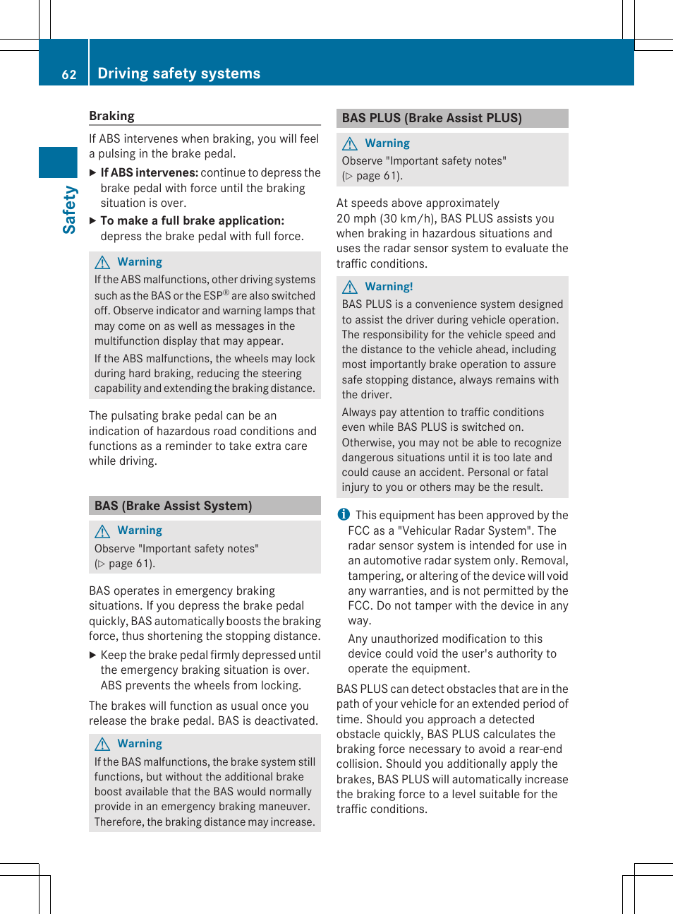 Bas (brake assist system), Bas plus (brake assist plus), Safety | Driving safety systems | Mercedes-Benz CL-Class 2011 User Manual | Page 64 / 480