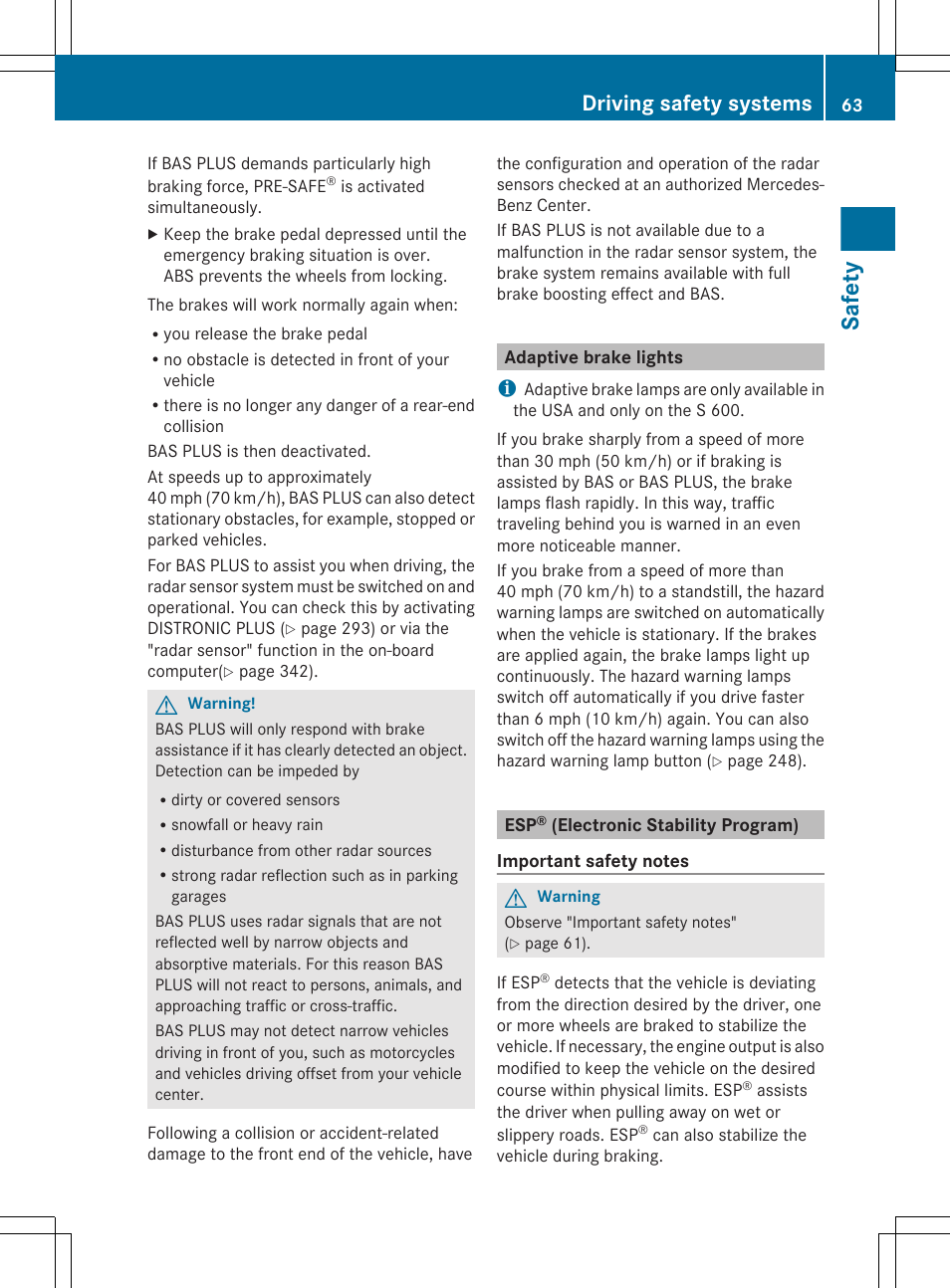 Adaptive brake lights, Esp® (electronic stability program), Safety | Driving safety systems | Mercedes-Benz CL-Class 2011 User Manual | Page 65 / 480