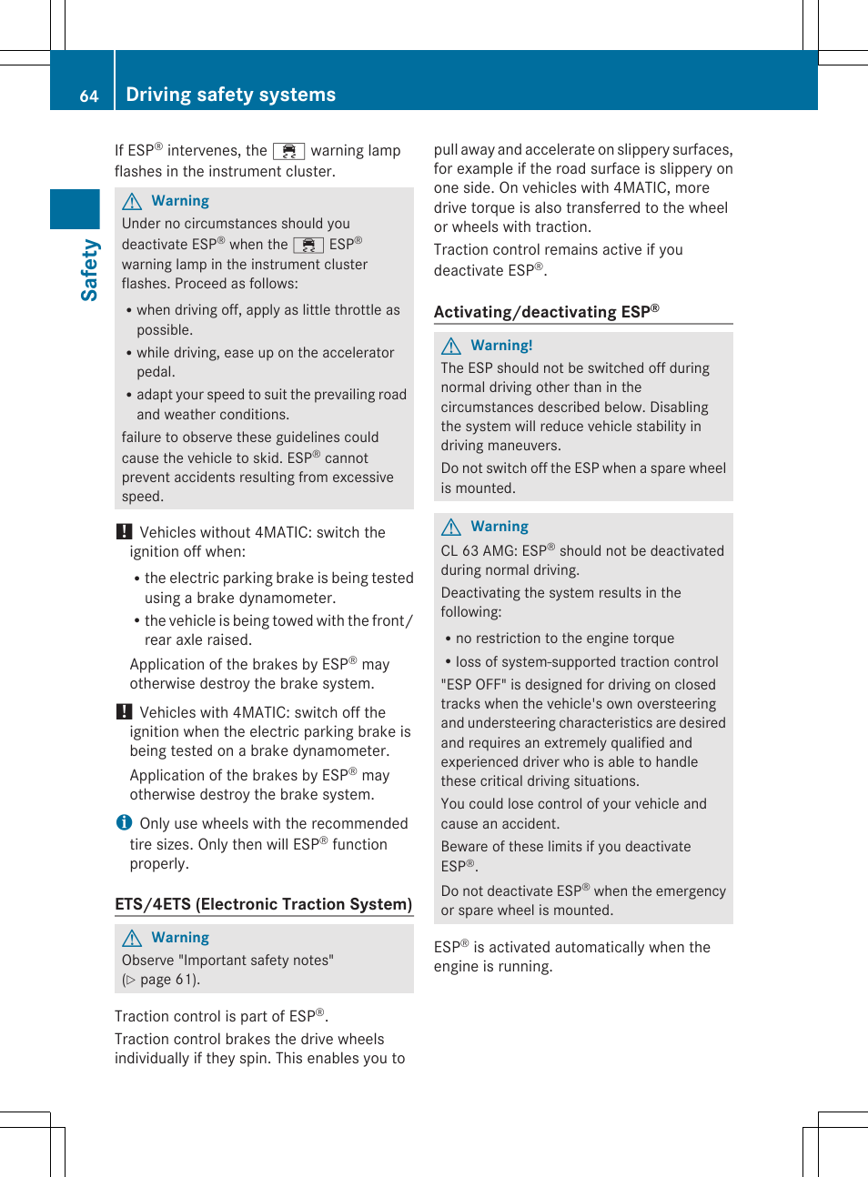 Safety, Driving safety systems | Mercedes-Benz CL-Class 2011 User Manual | Page 66 / 480