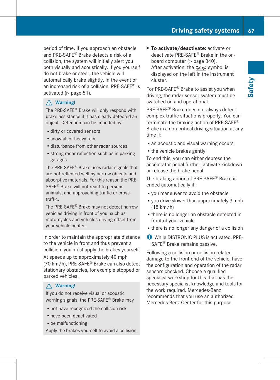 Safety, Driving safety systems | Mercedes-Benz CL-Class 2011 User Manual | Page 69 / 480