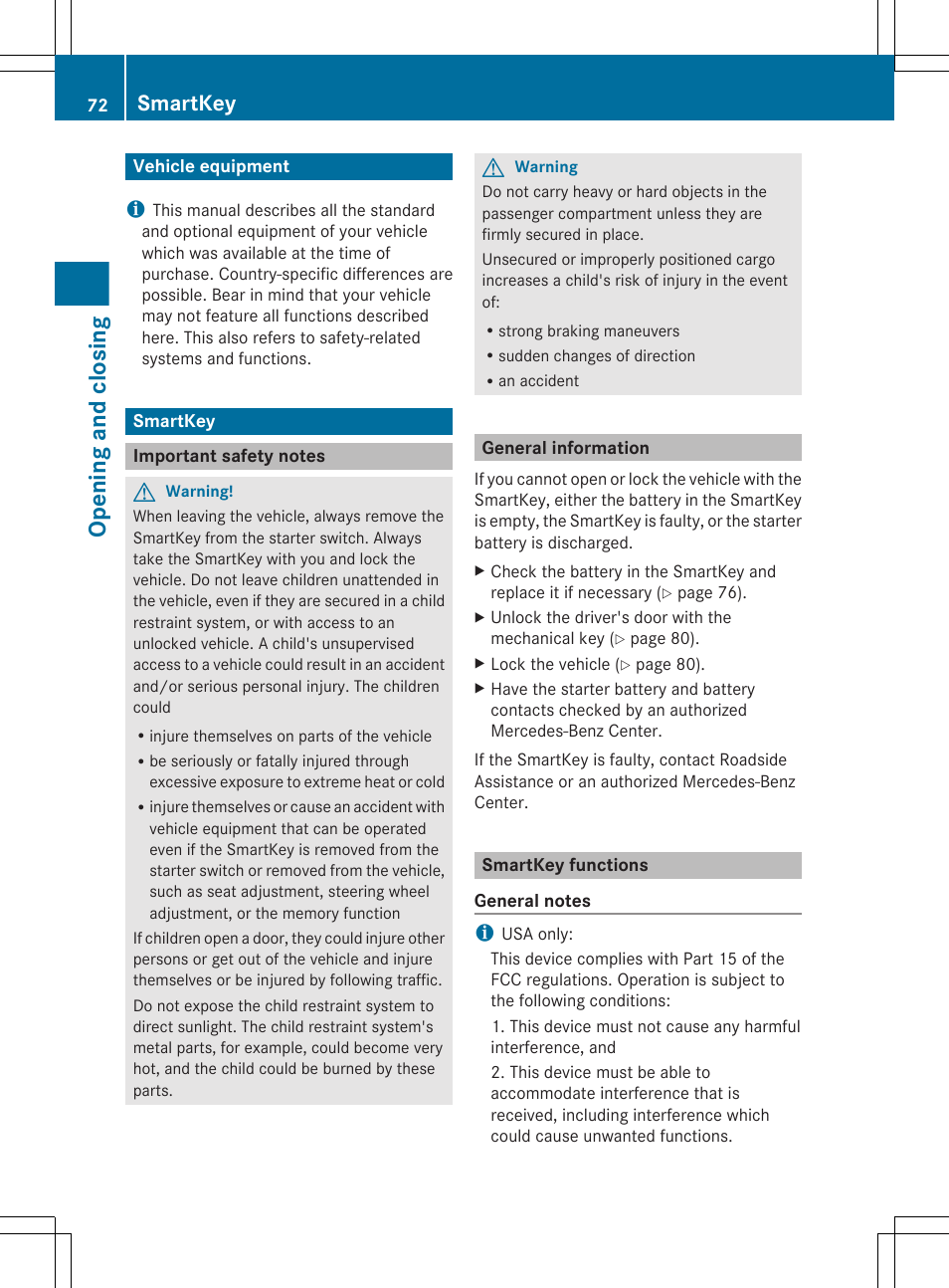 Opening and closing, Vehicle equipment, Smartkey | Important safety notes, General information, Smartkey functions | Mercedes-Benz CL-Class 2011 User Manual | Page 74 / 480