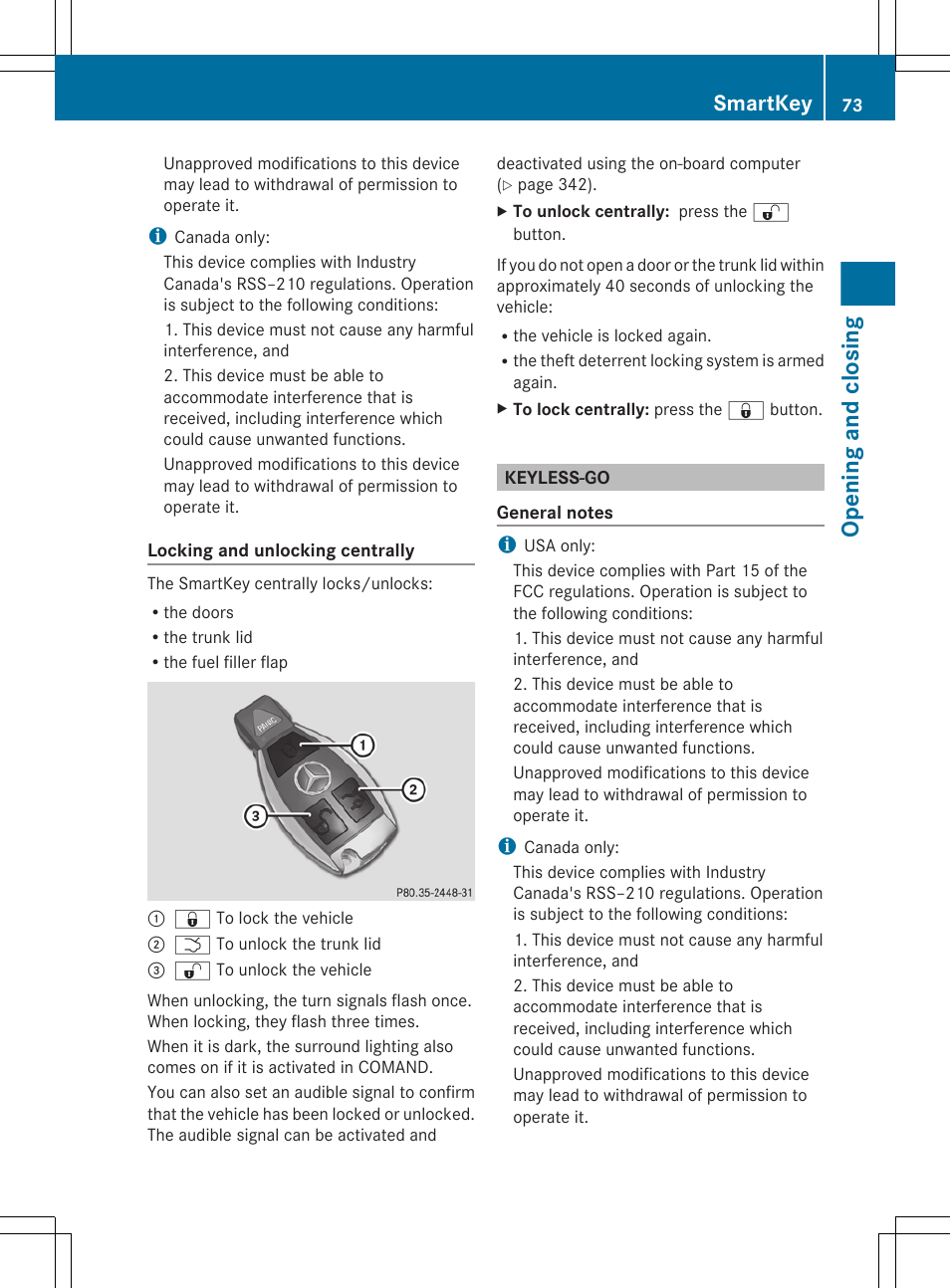 Keyless-go, Opening and closing, Smartkey | Mercedes-Benz CL-Class 2011 User Manual | Page 75 / 480