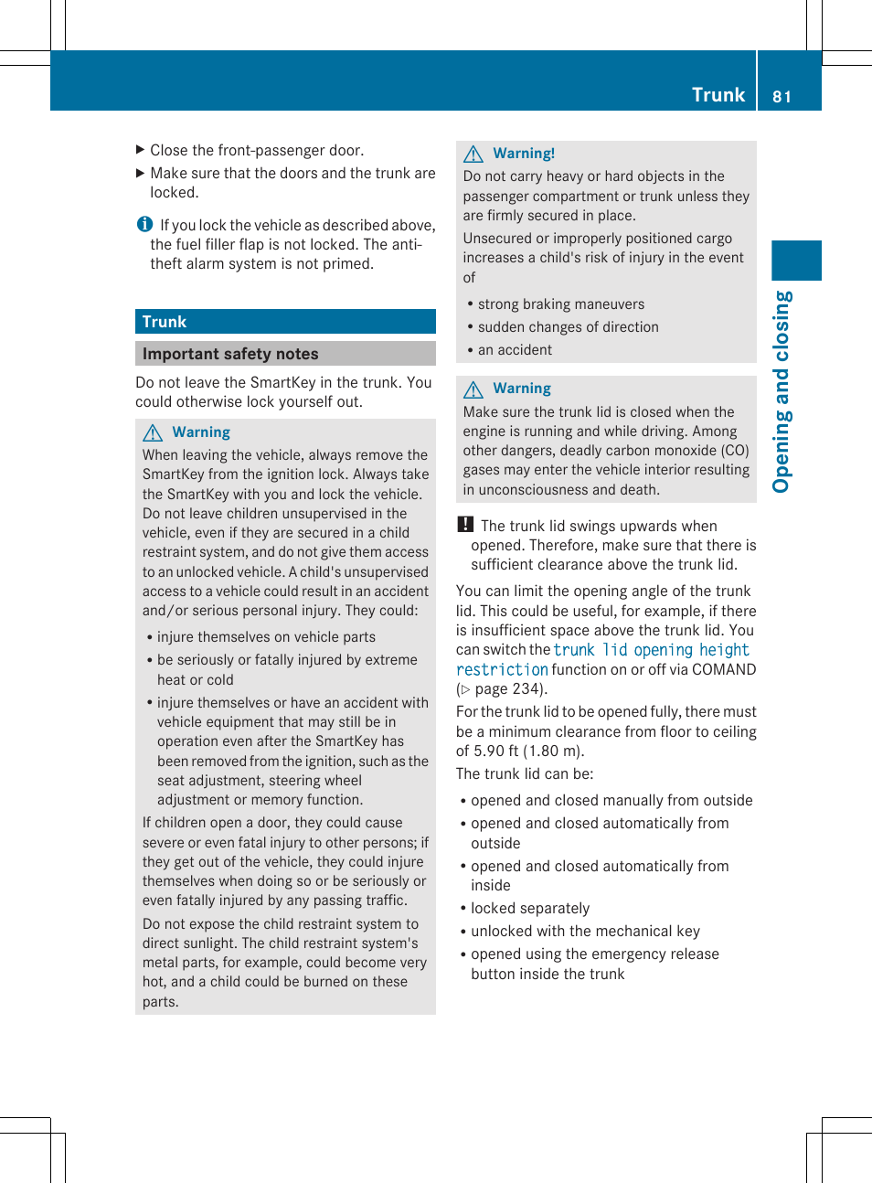 Trunk, Important safety notes, Opening and closing | Mercedes-Benz CL-Class 2011 User Manual | Page 83 / 480