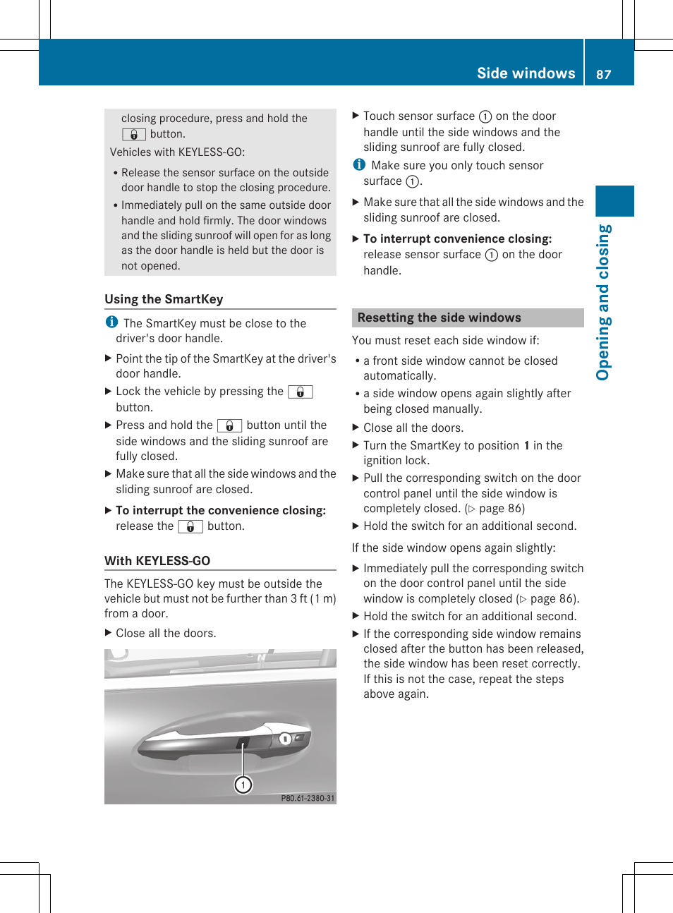 Resetting the side windows, Opening and closing, Side windows | Mercedes-Benz CL-Class 2011 User Manual | Page 89 / 480