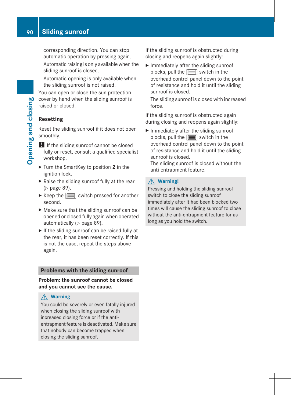 Problems with the sliding sunroof, Opening and closing, Sliding sunroof | Mercedes-Benz CL-Class 2011 User Manual | Page 92 / 480