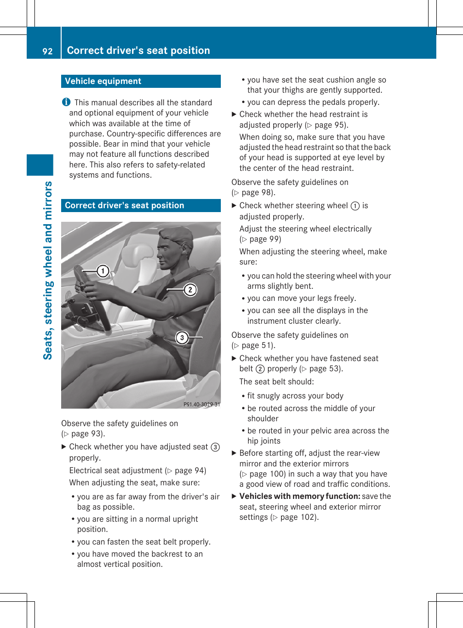 Seats, steering wheel and mirrors, Vehicle equipment, Correct driver's seat position | An almost vertical position | Mercedes-Benz CL-Class 2011 User Manual | Page 94 / 480