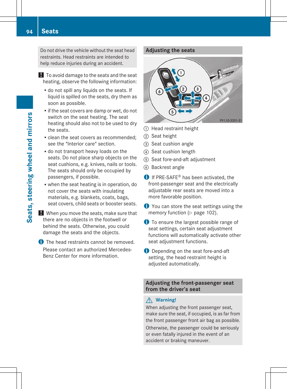 Adjusting the seats, Electrical seat adjustment, Seats, steering wheel and mirrors | Seats | Mercedes-Benz CL-Class 2011 User Manual | Page 96 / 480