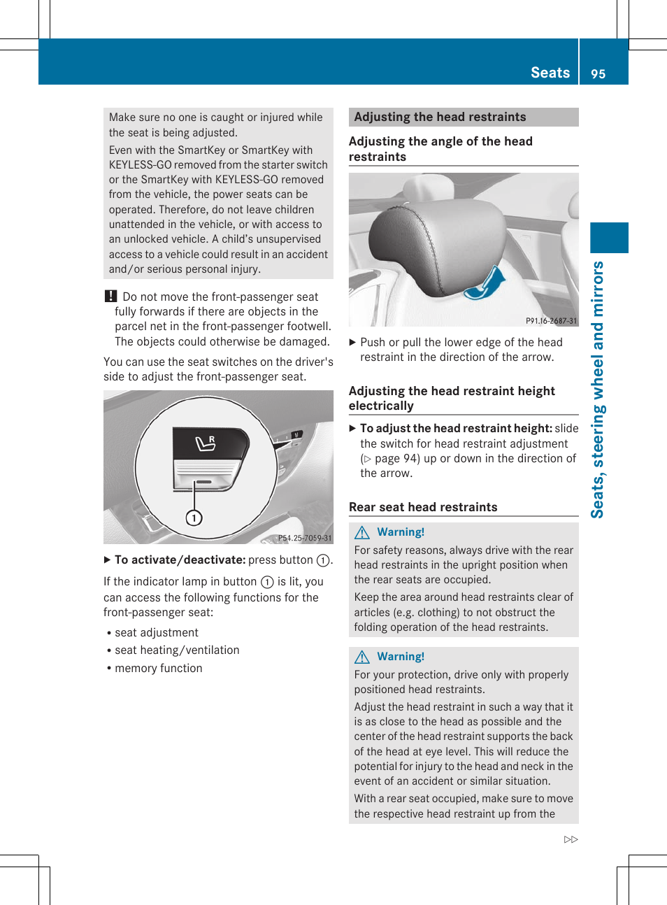 Adjusting the head restraints, Seats, steering wheel and mirrors, Seats | Mercedes-Benz CL-Class 2011 User Manual | Page 97 / 480