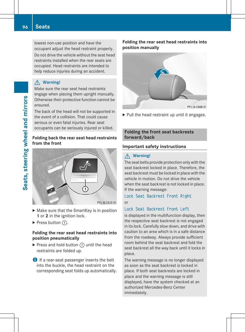 Folding the front seat backrests forward/back, Seats, steering wheel and mirrors, Seats | Mercedes-Benz CL-Class 2011 User Manual | Page 98 / 480