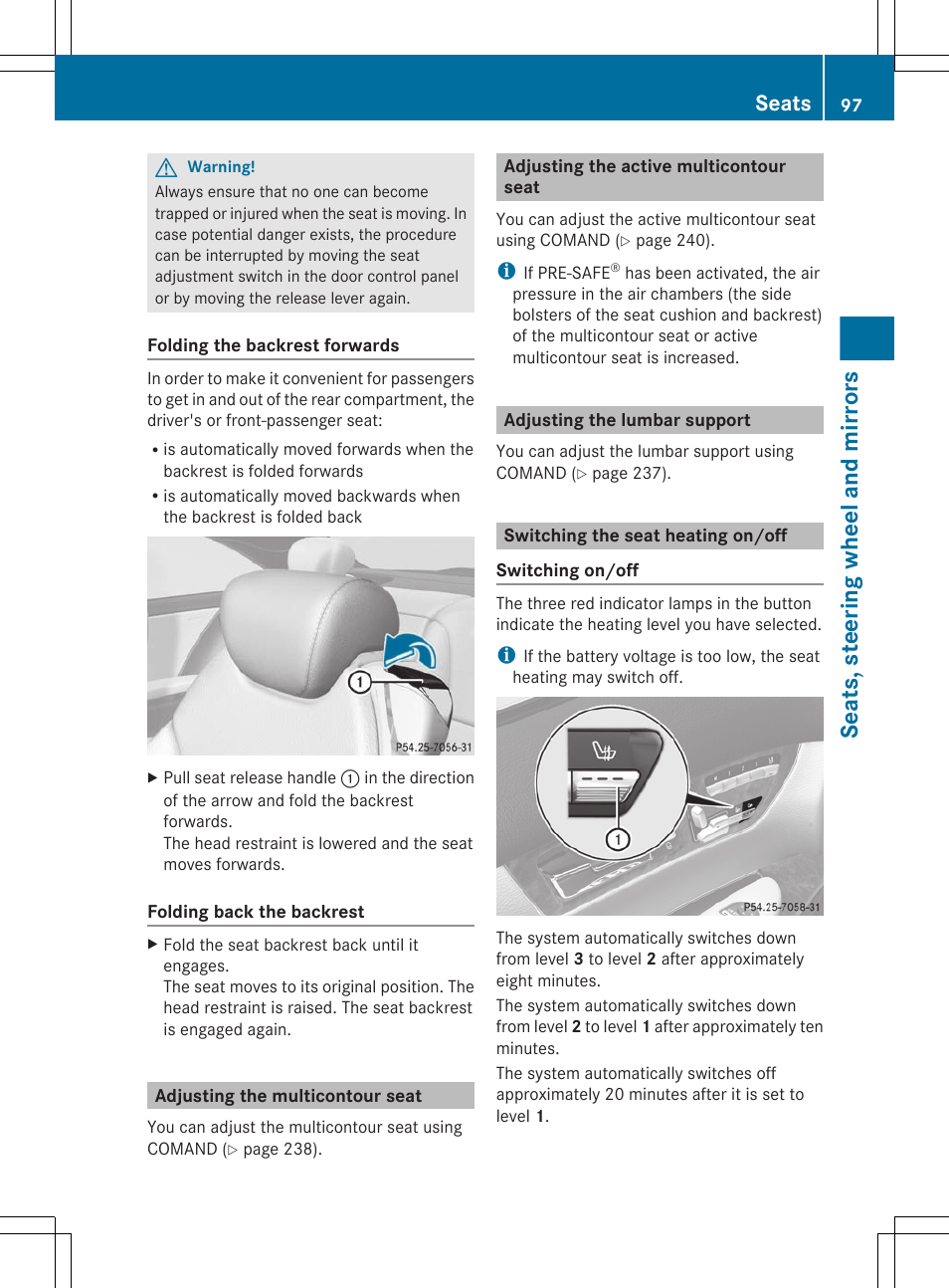 Adjusting the multicontour seat, Adjusting the active multicontour seat, Adjusting the lumbar support | Switching the seat heating on/off, Seats, steering wheel and mirrors, Seats | Mercedes-Benz CL-Class 2011 User Manual | Page 99 / 480