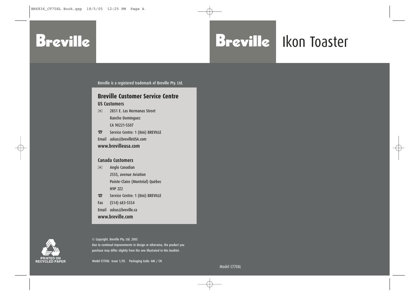 Breville CT70XL User Manual | 16 pages