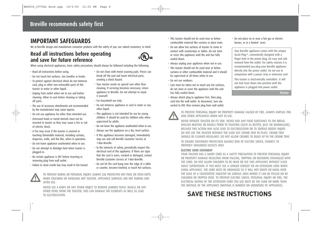 Important safeguards, Save these instructions, Breville recommends safety first | Breville CT70XL User Manual | Page 3 / 16
