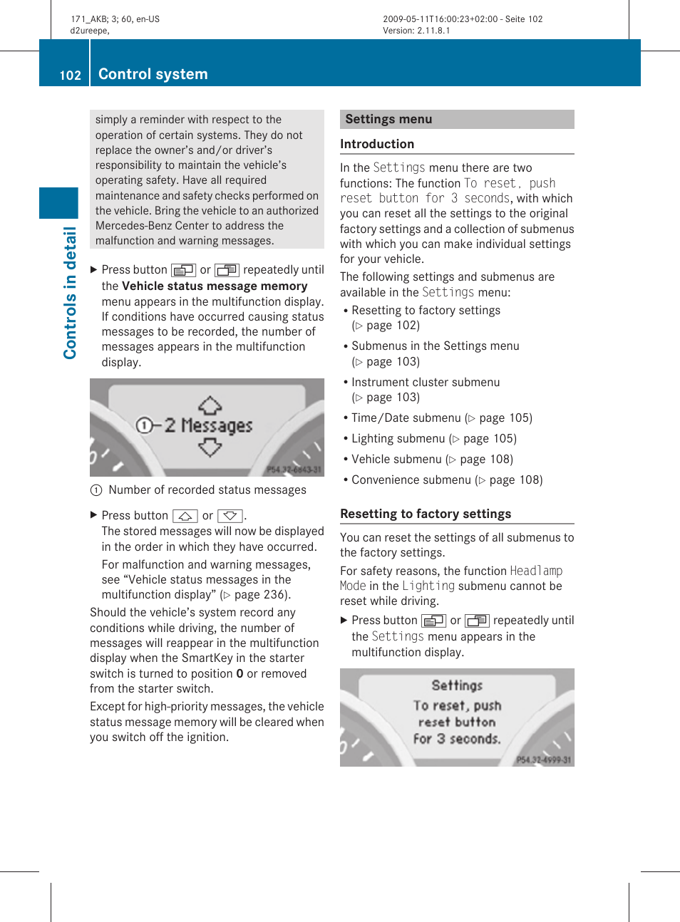 Settings menu, Menu, Controls in detail | Control system | Mercedes-Benz SLK-Class 2011 Owners Manual User Manual | Page 104 / 312