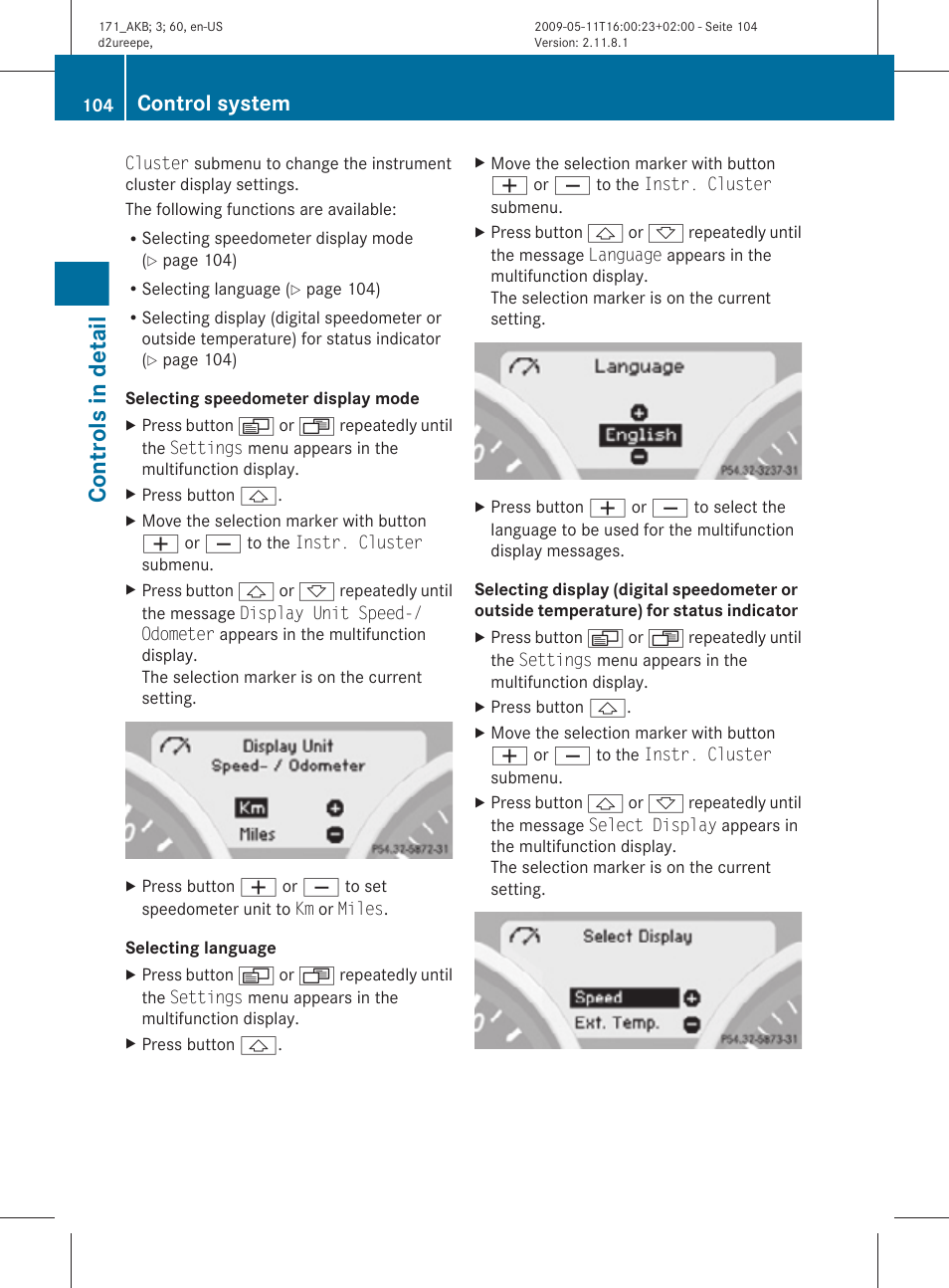 Selecting language, Controls in detail, Control system | Mercedes-Benz SLK-Class 2011 Owners Manual User Manual | Page 106 / 312