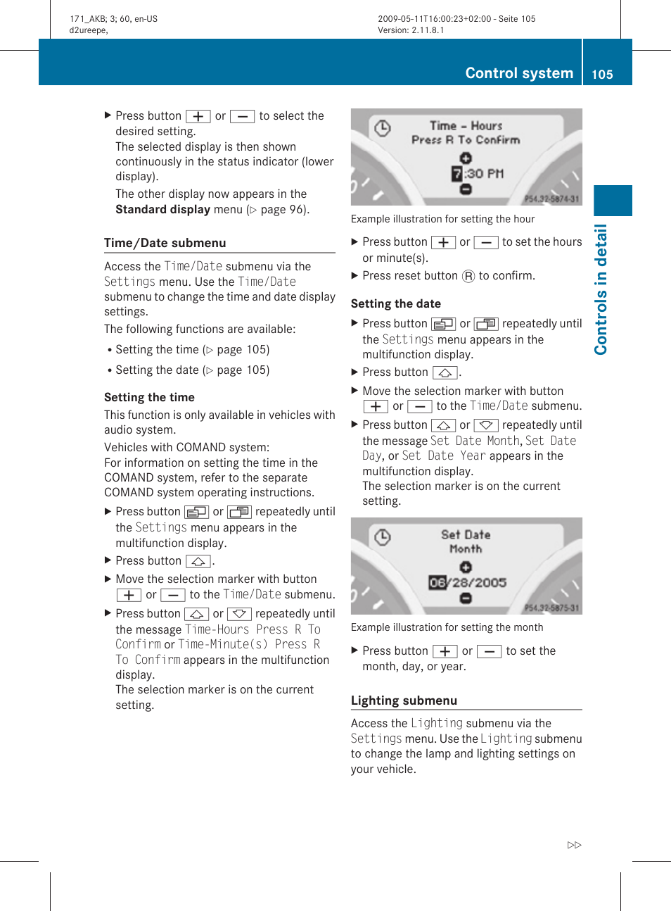 Time/date submenu, Lighting submenu, Controls in detail | Control system | Mercedes-Benz SLK-Class 2011 Owners Manual User Manual | Page 107 / 312